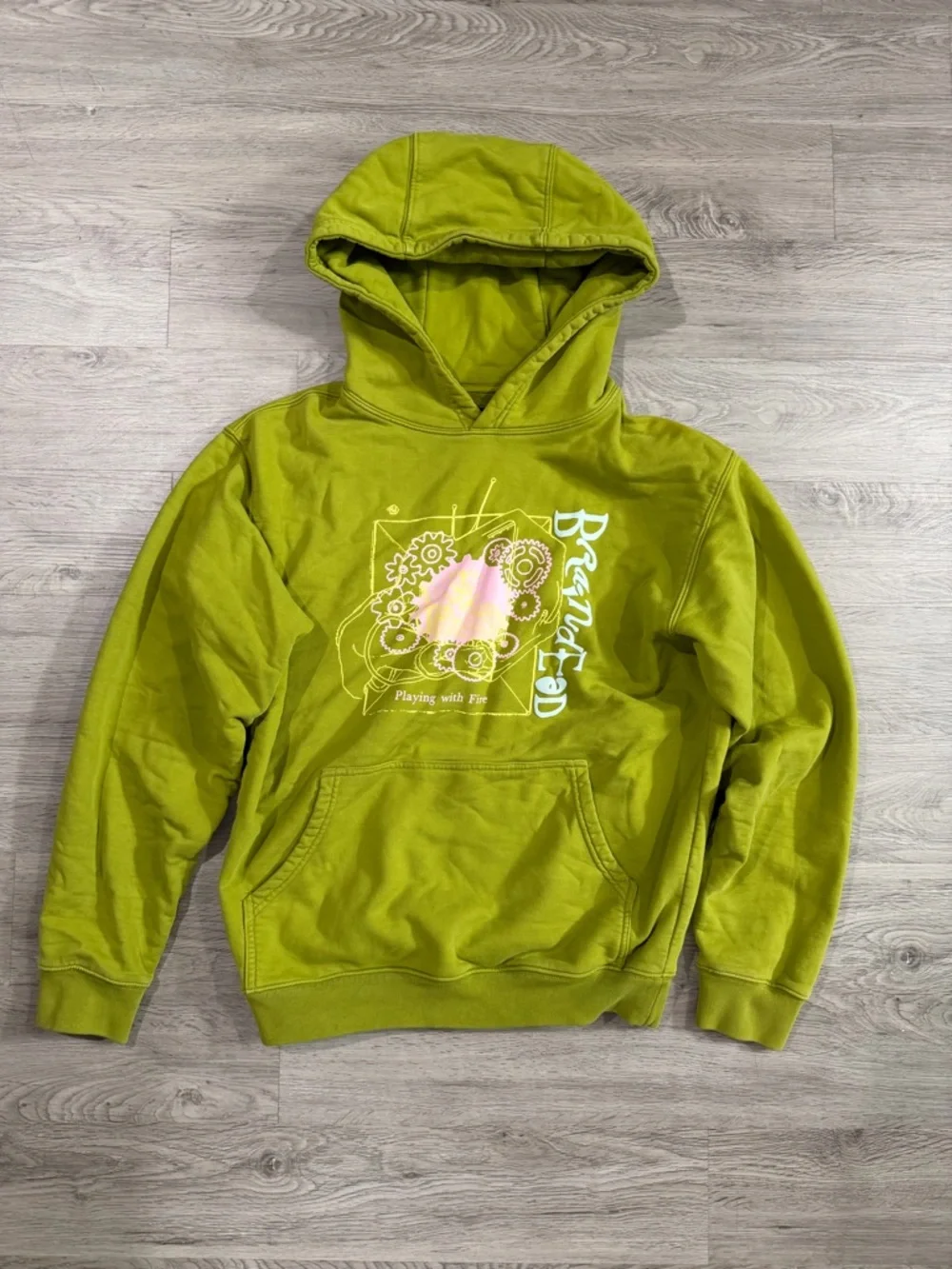 Brain Dead Playing With Fire Olive Green Graphic Hoodie Sweatshirt Small